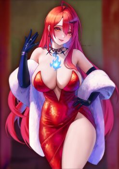 Rule 34 | 1girl, absurdres, ahoge, alternate costume, asymmetrical sidelocks, bare shoulders, black gloves, blue fire, blue hair, blurry, blurry background, breasts, cleavage, colored inner hair, commentary, cowboy shot, double-parted bangs, dress, earrings, elbow gloves, elizabeth rose bloodflame, evening gown, fire, fire on chest, fur shawl, gloves, hair between eyes, hand on own hip, hand up, highres, hololive, hololive english, huge ahoge, jewelry, large breasts, lazik 1337, long hair, looking at viewer, multicolored hair, parted lips, red dress, red eyes, red hair, shawl, side slit, sidelocks, single earring, single hair intake, sleeveless, sleeveless dress, solo, straight-on, strapless, strapless dress, very long hair, virtual youtuber, white shawl