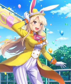 1girl :d ahoge animal_ears balloon blonde_hair blue_eyes blue_sky breasts buttons cloud confetti cowboy_shot day diamond_print dot_nose double-breasted easter easter_egg egg game_cg gloves hand_on_headwear hat hat_with_ears jacket kohagura_ellen large_breasts long_hair long_sleeves looking_at_viewer mini_hat neck_ribbon official_art open_mouth outdoors pants pink_ribbon print_pants purple_pants rabbit_ears railing ribbon sidelocks sign sky smile solo striped_clothes striped_pants striped_ribbon teeth third-party_source tilted_headwear toji_no_miko toji_no_miko:_kizamishi_issen_no_tomoshibi tree upper_teeth_only vertical-striped_clothes vertical-striped_pants white_gloves yellow_hat yellow_jacket