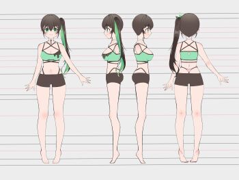 1girl absurdres ass black_shorts blush breasts brown_hair candy1024 closed_mouth commentary english_commentary full_body green_eyes green_hair grey_background hair_between_eyes hair_ornament heart heart_hair_ornament heartsync highres jacket medium_breasts miki_kokoa multicolored_hair multiple_views navel official_art ponytail reference_sheet second-party_source shorts skirt smile standing stomach streaked_hair two-tone_hair virtual_youtuber white_jacket white_skirt