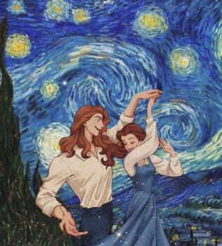 1boy 1girl beauty_and_the_beast_(disney) belle_(disney) brown_hair dress long_hair long_sleeves looking_at_viewer oilcanvasvibes open_mouth ponytail prince_adam_(disney) shirt smile starry_night_(van_gogh) tagme toon_(style) upper_body