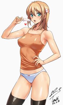 1girl absurdres aqua_eyes armpit_crease bare_arms black_thighhighs blonde_hair blush breasts camisole commentary_request food hair_between_eyes hand_on_own_hip highres holding holding_food holding_popsicle kamimura_chika looking_at_viewer medium_breasts melting_popsicle no_pants open_mouth orange_camisole panties perky_breasts popsicle signature simple_background sisters_~natsu_no_saigo_no_hi~ solo sweat thighhighs thighs two_side_up underwear white_background white_panties yoo_tenchi