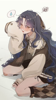 1girl absurdres argyle_clothes arm_between_legs bandaid bandaid_on_knee bandaid_on_leg black_ribbon black_skirt blue_hair blush brown_jacket brown_ribbon brown_socks brown_vest collared_shirt commentary earrings glasses highres jacket jewelry korean_commentary letterman_jacket lilpa long_hair long_sleeves looking_at_viewer messy_hair multicolored_hair neck_ribbon on_ground open_mouth orange_eyes parted_bangs pleated_skirt purucon ribbon round_eyewear shirt simple_background sitting skirt sleeves_past_fingers sleeves_past_wrists socks solo spoken_squiggle spoken_sweatdrop squiggle streaked_hair sweatdrop very_long_hair vest virtual_youtuber waktaverse wariza wavy_hair white_background white_shirt