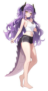 Rule 34 | 1girl, absurdres, bare arms, bare legs, bare shoulders, barefoot, black bow, black shorts, bow, breasts, camisole, cleavage, closed mouth, commentary, crop top, dolphin shorts, dragon girl, dragon horns, dragon tail, drawstring, full body, highres, horns, large breasts, long hair, looking at viewer, midriff, navel, pointy ears, purple hair, sakihane huya, shirt, short shorts, shorts, sidelocks, simple background, sleeveless, sleeveless shirt, smile, solo, spaghetti strap, standing, stellive, stomach, sweat, symbol-only commentary, tail, thighs, toes, two side up, very long hair, virtual youtuber, wavy hair, white background, white shirt, yellow eyes, yulha 06