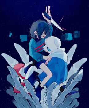 1boy 1other :d ankle_boots ao_62 arm_up black_background black_boots black_hair black_pants black_shirt black_shorts blue_eyes blue_jacket blue_sweater bob_cut bone boots closed_eyes collared_shirt commentary double_horizontal_stripe film_grain fingernails flaming_eye frisk_(undertale) full_body grin halftone hand_on_another's_shoulder highres holding holding_knife hood hood_down hooded_jacket jacket jitome knife light_particles long_sleeves looking_at_viewer open_clothes open_jacket open_mouth pants puffy_long_sleeves puffy_sleeves red_slippers red_sweater sans_(undertale) shirt short_hair shorts sideways_glance sitting sitting_on_lap sitting_on_person skeleton slippers smile straddling striped_clothes striped_sweater sweater symbol-only_commentary teeth two-tone_sweater u_u undertale upper_teeth_only utdr_(toby_fox) white_hood