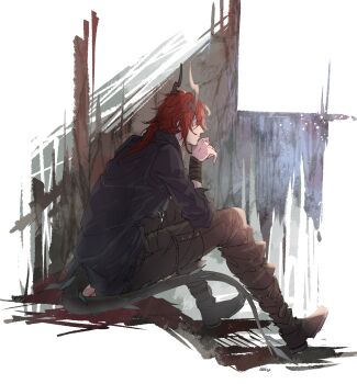 1boy absurdres arknights boots brown_boots brown_pants commentary_request dragon_boy dragon_horns dragon_tail full_body highres horns long_hair male_focus merry_(secilhodoshima) pants red_eyes red_hair sesa_(arknights) sitting solo tail white_background