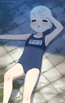 1girl airi_(shuumatsu_touring) armpits character_name closed_eyes feet_out_of_frame flat_chest highres loli lying navel nude on_back on_ground open_mouth shino_(shinokani) shuumatsu_touring solo sweat swim_cap tile_floor tiles