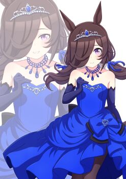 1girl animal_ears bare_shoulders black_pantyhose blue_bow blue_dress blue_flower blue_gloves blue_ribbon blue_rose blush bow breasts brown_hair closed_mouth commentary_request dress elbow_gloves flipped_hair flower gloves hair_over_one_eye hair_ribbon highres hokuyukis horse_ears horse_girl jewelry long_hair looking_at_viewer necklace open_mouth pantyhose purple_eyes ribbon rice_shower_(umamusume) rose simple_background small_breasts smile strapless strapless_dress tiara twintails umamusume white_background zoom_layer