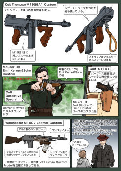 Rule 34 | 3boys, auto-ordnance corporation, bolt-action rifle, business suit, colt's manufacturing company, english text, fedora, formal clothes, gun, handgun, hat, holster, japanese text, m1911, mauser, mauser 98 sporter, melvin purvis, multiple boys, muta koji, necktie, pistol, public enemies, rifle, semi-automatic rifle, story time (muta koji), submachine gun, suit, thompson submachine gun, translation request, weapon, weapon focus, weapon name, weapon profile, winchester model 1907, winchester repeating arms company