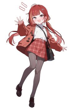 Rule 34 | 1girl, absurdres, akane lize, bag, black bag, black pantyhose, black shoes, blonde hair, commentary request, fang, full body, grey eyes, hair ornament, handbag, highres, jacket, jewelry, korean commentary, long hair, long sleeves, mole, mole under eye, multicolored hair, necklace, open clothes, open jacket, open mouth, pantyhose, plaid clothes, plaid skirt, red hair, red jacket, red skirt, saho 4545, shoes, simple background, skin fang, skirt, solo, stellive, streaked hair, sweater, sweater tucked in, twintails, virtual youtuber, white background, white sweater