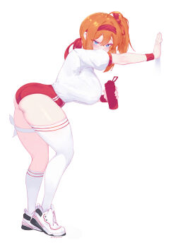 1girl absurdres against_wall asymmetrical_legwear bare_shoulders bent_over blue_eyes bottle breasts buruma from_side full_body girls'_frontline gym_uniform hair_between_eyes highres holding holding_bottle kalina_(girls'_frontline) kneehighs large_breasts looking_at_viewer looking_to_the_side orange_hair red_buruma shinyozura shirt shoes simple_background single_kneehigh single_sock single_thighhigh sneakers socks standing thighhighs uneven_legwear white_background white_footwear white_shirt white_socks white_thighhighs
