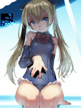 1girl blonde_hair blue_eyes blue_one-piece_swimsuit bow bowtie breasts dead_or_alive detached_sleeves hand_on_own_stomach long_hair marie_rose one-piece_swimsuit sitting small_breasts smile solo soon_(c-u-soon) sunlight swimsuit twintails