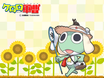 Rule 34 | 1boy, alien, beetle, black eyes, bottle, bug, bug cage, butterfly net, colored skin, copyright name, flower, frog, full body, green skin, hand net, hat, insect, keroro, keroro gunsou, no humans, official art, official wallpaper, simple background, star (symbol), sunflower, walking, water bottle, yoshizaki mine