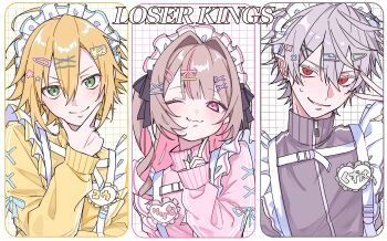 1girl 2boys 6_dee3 alternate_costume blonde_hair border brown_hair english_text green_eyes grey_hair grey_jacket hair_intakes hair_ornament hair_ribbon hairclip highres index_finger_raised jacket jersey_maid kuzuha_(nijisanji) long_hair looking_at_viewer loser_kings maid maid_headdress makaino_ririmu male_focus multiple_boys nijisanji one_eye_closed pink_eyes pink_jacket pointy_ears red_eyes ribbon short_hair smile track_jacket two_side_up unconventional_maid upper_body uzuki_kou v virtual_youtuber yellow_jacket