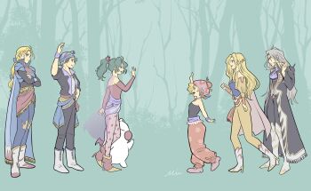 3boys 3girls ankle_boots armor ascot bandana bare_shoulders black_bodysuit black_coat black_jacket black_pants black_shirt blonde_hair blue_cape blue_eyes blue_ribbon bodysuit boots cape celes_chere circlet coat crossed_arms detached_sleeves earrings edgar_roni_figaro final_fantasy final_fantasy_vi forest green_hair grey_hair hair_ribbon hand_on_own_hip hat high_heel_boots high_heels highres ika_okura_66 jacket jewelry locke_cole long_hair looking_at_another low_ponytail mog moogle multiple_boys multiple_girls nature pants pantyhose parted_bangs pink_hat pink_shoes ponytail purple_ascot red_boots red_pants relm_arrowny ribbon scar scar_across_eye scar_on_face setzer_gabbiani shirt shoes short_hair smile strapless strapless_shirt thigh_boots tina_branford waving white_boots wristband yellow_jacket yellow_pants