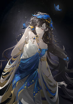 Rule 34 | 1girl, absurdres, armlet, bare shoulders, black background, black hair, blue butterfly, blue dress, blue veil, bug, butterfly, closed eyes, closed mouth, commentary, dress, evening gown, hair ornament, hand up, highres, insect, isolde (reverse:1999), isolde (the last fluttering beat) (reverse:1999), jewelry, kk kekong, long hair, official alternate costume, reverse:1999, shawl, sleeveless, sleeveless dress, smile, solo, turning head, two-tone dress, upper body, veil, very long hair, white dress, yellow shawl