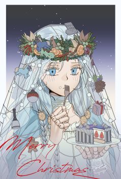 1girl aerialace_jebi blue_eyes blue_hair border braid cake cake_slice choker christmas colored_eyelashes commentary_request doll_joints elden_ring elden_ring_nightreign flower_wreath food fork gradient_background head_wreath highres holding holding_cake holding_food holding_fork joints korean_commentary low_twin_braids merry_christmas revenant_(elden_ring) snow solo twin_braids upper_body veil white_border white_choker white_veil