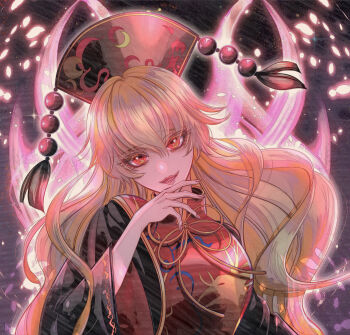 Rule 34 | 1girl, beads, black background, black dress, black hat, chinese clothes, commentary request, crescent, crescent print, dalachi (headdress), dress, energy, fingernails, hair between eyes, hand up, hat, highres, junko (touhou), long hair, long sleeves, looking at viewer, mandarin collar, mizuki ruri, neck ribbon, open mouth, orange hair, petals, phoenix print, pink lips, purple background, red eyes, red tabard, ribbon, simple background, smile, solo, sparkle, tabard, tassel, teeth, touhou, two-tone background, upper body, wavy hair, wide sleeves, yellow ribbon