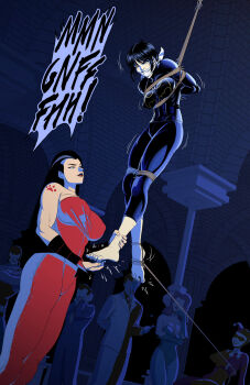 3boys 4girls bane barefoot batman:_the_animated_series batman_(series) batman_symbol bound breasts cassandra_cain commentary dc_comics domino_mask english_commentary eye_mask gag harlequin harley_quinn harley_quinn_(classic) highres jester_costume kusujinn long_hair mask multicolored_hair multiple_boys multiple_girls poison_ivy red_claw_(dc) restrained smile split-color_hair superhero_costume the_joker tickling tickling_feet toes two-face white_facepaint