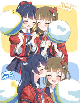 Rule 34 | 2girls, 5th live tour ~4pair power spread!!!!~, :d, ascot, black vest, blue hair, blunt bangs, blush, bow, bowtie, brown hair, collared shirt, commentary request, comparison, cotton candy, food, hair bow, half updo, highres, holding, holding cotton candy, holding food, jacket, kachimachi kosuzu, katanashi (ktnsh popu), kiss, kissing forehead, link! like! love live!, long hair, love live!, multiple girls, murano sayaka, official alternate costume, open clothes, open jacket, open mouth, plaid bow, plaid bowtie, plaid clothes, plaid jacket, ponytail, red bow, red bowtie, red jacket, shirt, sidelocks, smile, taiyou de are!, three-quarter sleeves, two side up, vest, virtual youtuber, white ascot, white shirt