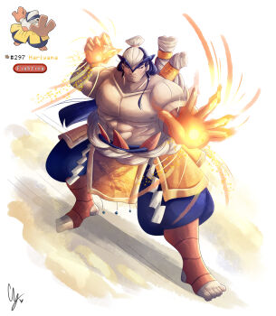 1boy abs absurdres bara black_hair earrings endifi full_body gen_3_pokemon glowing glowing_hand hariyama highres jewelry muscular muscular_male nintendo nipples pectorals personification pokedex_number pokemon pokemon_(creature) rope shide solo standing white_hair