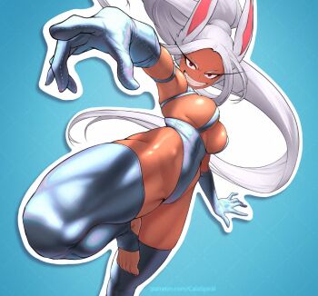 1girl :d animal_ears arm_strap artist_name bare_shoulders blue_background boku_no_hero_academia breasts commentary dark-skinned_female dark_skin elbow_gloves english_commentary feet gabriel_carrasquillo gloves grin highleg holographic_clothing large_breasts long_eyelashes long_hair looking_at_viewer mirko nail_polish open_mouth outline parted_bangs patreon_username ponytail purple_nails rabbit_ears rabbit_girl red_eyes sideboob smile solo standing standing_on_one_leg stirrup_legwear teeth thick_thighs thighhighs thighs toeless_legwear toenail_polish toenails toes toned very_long_hair white_hair white_outline