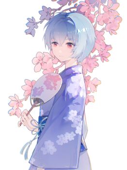 1girl absurdres alternate_costume ayanami_rei blue_hair blue_kimono blue_ribbon blue_sash branch cherry_blossom_print cherry_blossoms chinese_commentary closed_mouth commentary_request cowboy_shot endoftheworld600 expressionless eyelashes floral_print flower flower_knot hair_between_eyes hand_fan highres holding holding_fan japanese_clothes kimono light_particles long_sleeves looking_at_viewer neon_genesis_evangelion obi pink_flower print_kimono red_eyes ribbon sash short_hair simple_background solo standing tassel tuanshan waist_ribbon white_background wide_sleeves yukata