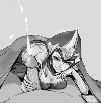 1boy 1girl back bad_id bad_pixiv_id breasts cassiopeia_(league_of_legends) cleavage cum cum_on_body cum_on_breasts cum_on_upper_body ejaculation erection facial facial_hair girl_on_top green_eyes greyscale handjob hetero highres lamia league_of_legends long_hair looking_at_viewer lying lying_on_person monochrome monster_girl on_stomach penis pov scofa slit_pupils smile solo_focus spot_color uncensored yellow_eyes