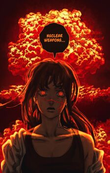 1girl absurdres black_hair chainsaw_man comic_panel_redraw commentary cross_scar derivative_work english_commentary explosion facial_scar fujimoto_tatsuki_(style) happy_tears highres mushroom_cloud nuclear_explosion off_shoulder open_mouth red_theme ringed_eyes scar scar_on_cheek scar_on_face scar_on_nose single_bare_shoulder solo tank_top tears wilwal2020 yoru_(chainsaw_man)