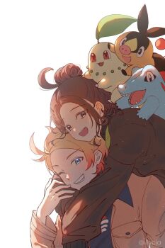 1boy 1girl ahoge black_jacket blue_eyes brown_eyes brown_hair brown_jacket chikorita commentary_request gen_2_pokemon gen_5_pokemon grin harmony_(pokemon) highres hug hug_from_behind illycia jacket long_sleeves looking_at_viewer nintendo one_eye_closed open_mouth pocket pokemon pokemon_(creature) pokemon_legends:_z-a simple_background sleeves_past_fingers sleeves_past_wrists smile tepig totodile twitter_username urbain_(pokemon) white_background