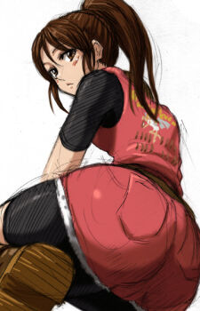 Rule 34 | 1girl, ass, back, bike shorts, blush, boots, brown eyes, brown hair, claire redfield, female focus, from behind, looking back, minarai zouhyou, ponytail, resident evil, resident evil 2, shorts, solo, spandex