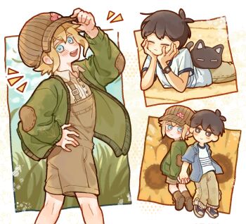 2boys absurdres adjusting_clothes adjusting_headwear antenna_hair arm_up basil_(birthday)_(omori) basil_(faraway)_(omori) basil_(omori) black_hair blue_jacket blush boots bright_pupils brown_boots brown_hat brown_overalls brown_pants cardigan cat chibi closed_eyes closed_mouth collared_jacket collared_shirt commentary double-parted_bangs green_cardigan hair_between_eyes hand_on_own_hip hands_on_own_cheeks hands_on_own_face hat highres holding_hands jacket long_shirt looking_at_another looking_at_viewer lying male_focus mewo multiple_boys newsboy_cap omori on_stomach open_cardigan open_clothes open_jacket open_mouth overall_shorts overalls pants shirt short-sleeved_jacket short_sleeves sidelocks smile sunny_(birthday)_(omori) sunny_(omori) symbol-only_commentary t-shirt teeth thatbirdcanfly upper_teeth_only watch white_pupils white_shirt wristwatch