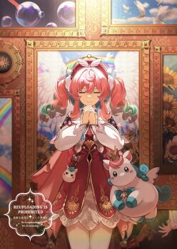 1girl absurdres aqua_hair beret bird bubble closed_eyes commentary_request cowboy_shot creature dress drill_hair flower hair_between_eyes hat highres honkai:_star_rail honkai_(series) hyacine_(honkai:_star_rail) little_ica_(honkai:_star_rail) long_hair long_sleeves multicolored_hair own_hands_together painting_(object) pantyhose pink_hair praying puffy_long_sleeves puffy_sleeves rainbow red_dress red_hat shiba_(tonari_no_shiba_inu) smile solo standing sunflower twin_drills two-tone_hair white_bird white_pantyhose white_sleeves