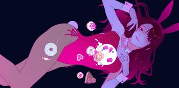 1girl :d black_pantyhose blush breasts brown_eyes brown_hair cake candy claire_(par0llel) cleavage collar curtained_hair donut feet_out_of_frame food food_on_body grin hand_on_own_chest highres knees_up leotard long_hair looking_at_viewer open_mouth original pantyhose par0llel pastry pink_theme playboy_bunny red_leotard smile solo twisted_torso very_long_hair wrist_cuffs