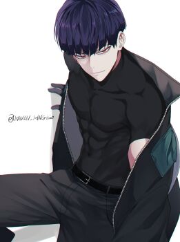 1boy belt black_belt black_gloves black_pants closed_mouth compression_shirt covered_abs covered_navel covered_pectorals from_above full-length_zipper gloves highres hoshina_soshiro invisible_floor jacket kaijuu_no._8 kakan_king looking_at_viewer male_focus pants pectorals pocket_square purple_hair red_eyes shirt_tucked_in short_hair simple_background sitting solo twitter_username unzipped white_background zipper