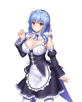 1girl black_sleeves blue_hair breasts brown_eyes cleavage closed_mouth cosplay detached_sleeves dress feet_out_of_frame hand_up koromogawari lambda_(kusowarota) large_breasts long_sleeves looking_at_viewer pout re:zero_kara_hajimeru_isekai_seikatsu rem_(re:zero) rem_(re:zero)_(cosplay) roswaal_mansion_maid_uniform second-party_source short_hair_with_long_locks sidelocks simple_background socks solo tachi-e transparent_background