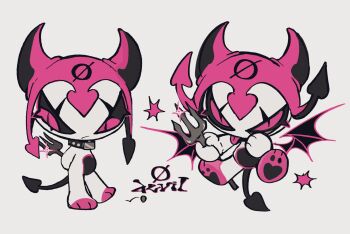 1other amatou_akuma black_collar black_sclera character_name chibi chibi_only chibikemo collar colored_sclera demon demon_tail demon_wings eyelid_pull full_body furry highres holding holding_pitchfork looking_at_viewer multiple_views original other_focus pawpads pink_eyes pitchfork slit_pupils tail tongue tongue_out wings