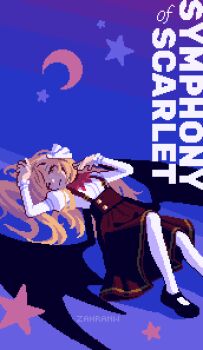 Rule 34 | 1girl, artist name, bat wings, black shoes, black wings, blonde hair, bow, bowtie, brown skirt, closed mouth, commentary, crescent, english text, highres, kurumi (touhou), long hair, long sleeves, looking at viewer, lying, mary janes, on back, pantyhose, pixel art, red bow, red bowtie, shirt, shoes, skirt, solo, star (symbol), suspender skirt, suspenders, touhou, touhou (pc-98), white pantyhose, white shirt, wings, yellow eyes, zahranworrell