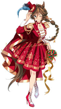 1girl alternate_costume animal_ears ankle_boots blue_eyes blush boots braid braided_ponytail breasts brown_hair christmas commentary epaulettes hat high_heel_boots high_heels highres holding horse_ears horse_girl horse_tail long_hair long_sleeves looking_at_viewer medium_breasts mini_hat mini_top_hat mr._c.b._(umamusume) one_eye_closed open_mouth ponytail red_shirt red_skirt shirt skirt smile stiletto_boots stiletto_heels symbol-only_commentary tail taromarun top_hat umamusume white_shirt