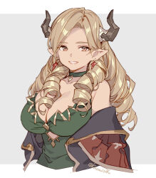 Rule 34 | 1girl, blonde hair, breasts, choker, cleavage, clothing cutout, commentary, dangle earrings, draph, dress, drill hair, earrings, granblue fantasy, green choker, green dress, highres, horns, jewelry, long coat, looking at viewer, maria theresa (granblue fantasy), pointy ears, pota (bluegutty), quad drills, solo, underboob cutout