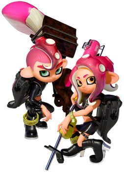 1boy 1girl 3d agent_8_(splatoon) backpack bag black_boots black_pants black_shirt black_skirt boots bracelet closed_mouth crop_top e-liter_4k_(splatoon) expressionless game_model green_eyes gun high_heels holding holding_weapon ink_tank_(splatoon) jewelry long_sleeves looking_afar looking_at_viewer medium_hair midriff miniskirt nintendo octobrush_(splatoon) octoling octoling_boy octoling_girl octoling_player_character official_art orange_eyes oversized_object paintbrush pants pencil_skirt pink_hair pompadour rifle shiny_clothes shirt short_hair simple_background single_bare_shoulder single_sleeve skirt sniper_rifle splatoon_(series) splatoon_2 squatting suction_cups tentacle_hair tentacles thigh_strap third-party_source transparent_background undercut weapon