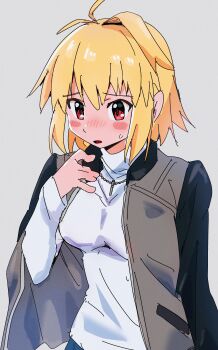 1girl absurdres ahoge arcueid_brunestud black_sleeves blonde_hair blue_skirt blush blush_stickers breasts flustered hair_intakes highres jacket jewelry large_breasts miniskirt moyosan necklace open_clothes open_jacket open_mouth red_eyes shirt short_hair skirt sweat sweater tsukihime tsukihime_(remake) turtleneck turtleneck_sweater white_shirt white_sweater