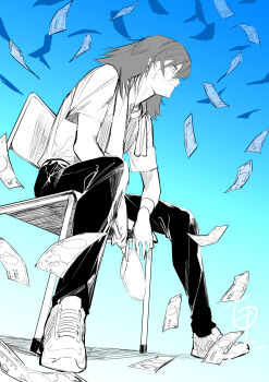 1boy absurdres chair fccrcrvim924172 highres medium_hair mikado_taira money paddle pants ping-pong_peril shoes short_sleeves sitting sneakers solo sweat table_tennis_paddle