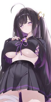 1girl absurdres bandaged_leg bandages black_hair black_sailor_collar black_serafuku black_shirt black_skirt breasts chitose_(stella_sora) colored_inner_hair commentary_request cowboy_shot expressionless from_below highres long_hair looking_at_viewer mole mole_under_eye multicolored_hair no_panties no_shirt noa_(skae3323) one_side_up parted_lips pleated_skirt purple_eyes purple_hair purple_nails purple_ribbon pussy pussy_juice ribbon sailor_collar school_uniform serafuku shirt simple_background skirt solo stella_sora sweat underboob white_background