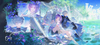 2boys absurdres bird black_shorts blue_butterfly blue_cloak boots bug butterfly cloak closed_mouth day flower full_body gloves grey_eyes grey_hair hair_between_eyes head_tilt highres insect leaf lily_pad long_sleeves looking_at_viewer male_focus multiple_boys open_hand open_mouth original outdoors pants parted_bangs pointy_ears pond purple_eyes purple_flower purple_hair ribbon ruins shawl short_hair shorts sidelocks sitting skeleton smile sun sunlight teeth two-sided_cloak two-sided_fabric upper_teeth_only watermark white_bird white_pants zi