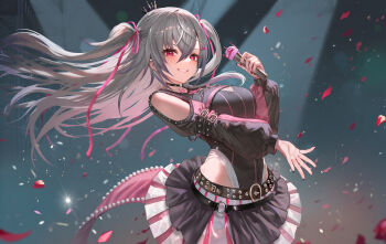 1girl :d belt black_belt black_choker black_crown black_shrug black_skirt breasts choker clothing_cutout commentary_request crossed_bangs crown crown_hair_ornament double-parted_bangs falling_petals floating_hair grey_hair grin hair_between_eyes hair_ornament hair_ribbon highleg highleg_leotard highres holding holding_microphone hololive hololive_dev_is isaki_riona isaki_riona_(flowglow_uniform) large_breasts layered_skirt leotard leotard_under_clothes long_hair long_sleeves looking_at_viewer maro2ki3 microphone mini_crown miniskirt multicolored_shrug official_alternate_costume official_alternate_hairstyle open_mouth petals pink_ribbon pink_shrug pleated_skirt puffy_long_sleeves puffy_sleeves purple_eyes ribbon shoulder_cutout shrug_(clothing) skirt smile solo studded_belt textless_version tilted_headwear two-tone_shrug two_side_up virtual_youtuber white_skirt