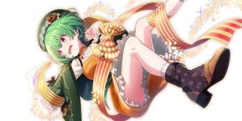 1girl beret blush boots bow breasts brown_boots casting_spell dress earrings floating_earrings game_cg green_hair green_hat green_jacket hand_up hat hat_bow high_heels highres jacket jewelry lace-up_boots lapis_re:lights large_breasts long_sleeves lynette_(lapis_re:lights) magic nose_blush official_art open_clothes open_jacket open_mouth orange_dress outstretched_arm plaid_clothes plaid_jacket purple_eyes red_bow ribbon shirt short_hair simple_background solo sparkle striped_bow striped_ribbon tearing_up transparent_background white_shirt yellow_bow yellow_ribbon