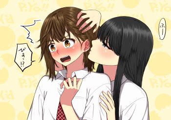 2girls absurdres black_hair blowing_in_ear blue_eyes blush brown_eyes brown_hair collared_shirt commentary_request earrings highres jewelry long_hair multiple_girls necktie open_mouth original red_necktie ryuusa school_uniform shirt short_hair speech_bubble stud_earrings translation_request white_shirt yellow_background yuri