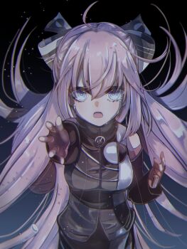 1girl blue_eyes bow breasts conflict_(module) crying crying_with_eyes_open detached_sleeves dress hair_bow highres long_hair megurine_luka night night_sky pink_hair project_diva_(series) project_diva_extend reaching reaching_towards_viewer satsuki.e sky sleeveless sleeveless_dress solo tears ura-omote_lovers_(vocaloid) vocaloid