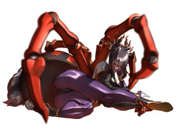 1girl absurdres animal_ears arachne_(shinrabanshou) arthropod_girl ass black_hair blush detached_sleeves extra_legs full_body grin highres insect_girl looking_at_viewer lying on_side pantyhose purple_pantyhose red_eyes shinrabanshou simple_background smile solo spider_girl teppu_tora white_background