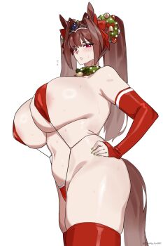 1girl animal_ears areola_slip bare_shoulders bell blush bow breasts brown_hair cleavage commentary daiwa_scarlet_(umamusume) detached_collar detached_sleeves english_commentary hair_bow hair_intakes highres horse_ears horse_girl horse_tail huge_breasts jingle_bell long_hair looking_at_viewer monkey_jon navel open_mouth red_bow red_eyes red_sleeves red_slingshot_swimsuit red_thighhighs slingshot_swimsuit solo swimsuit tail thighhighs thighs tiara twintails umamusume very_long_hair
